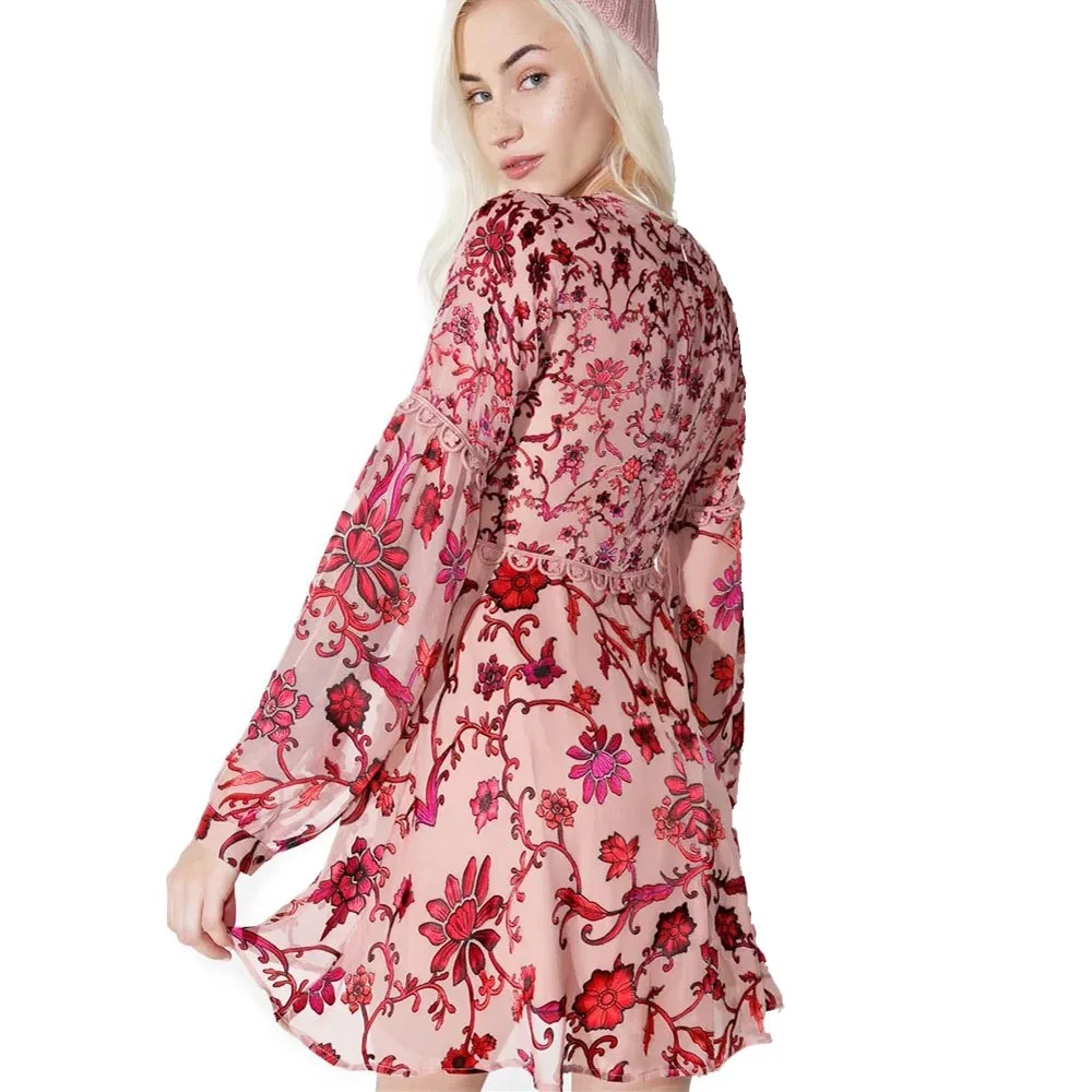 Лето dress женщины 2017 fincati новый кружева лоскутное фонарь рукав глубокий v шеи мини