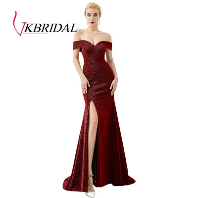 Burgundy VKbridal сексуальное платье с открытым плечом и Высоким Разрезом Длинное Сверкающее вечернее платье Русалка платья блестящие платья подружки невесты Плюс Размер - Цвет: Burgundy