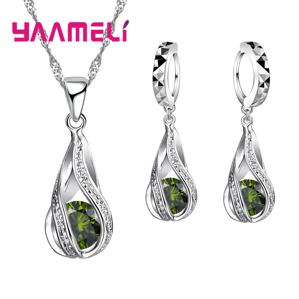 Новое поступление, набор ювелирных изделий в форме капли воды с фианитами, 925 пробы, серебряное ожерелье и серьги, Свадебные Ювелирные наборы для женщин, вечерние комплекты для помолвки - Окраска металла: Green