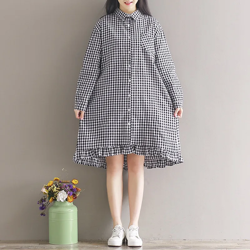 Платье женское льняное в клетку цвет синий черный размер M-2XL | Женская одежда