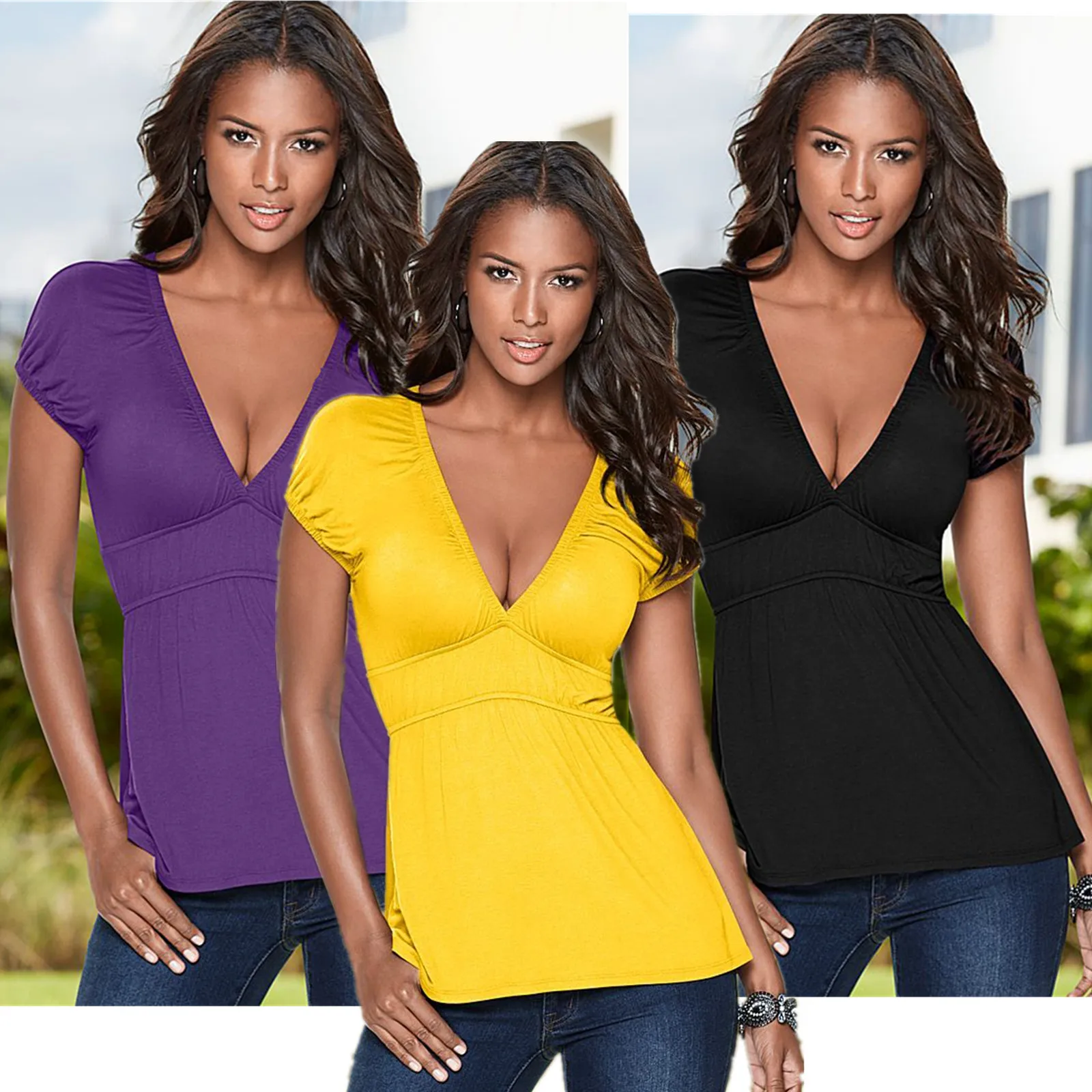 Sexy Women Top Low Cut V Neck Short Puff Sleeve T-shirt Fashion Casual Slim Black Purple Yellow All-match Tops Tee Shirt Femme | Женская