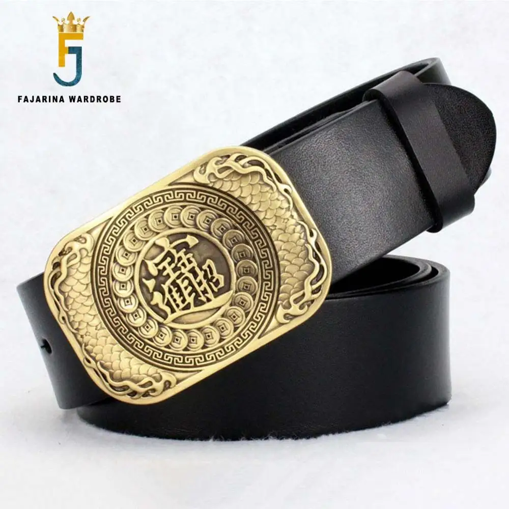 FAJARINA Quality Designer Solid Chinese Word Brass Buckle Cow Skin Genuine Leather Brand Smooth Belt for Men 3.8cm Wide NW0140
