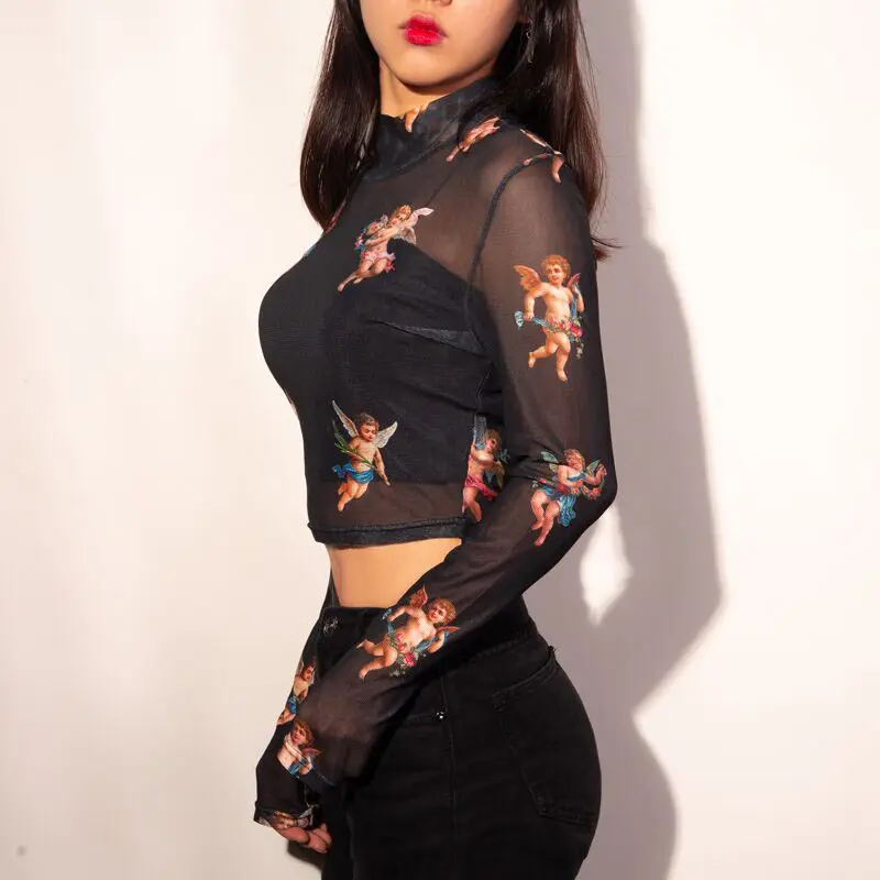 Женский сексуальный сетчатый прозрачный топ с принтом ангела милый Графический