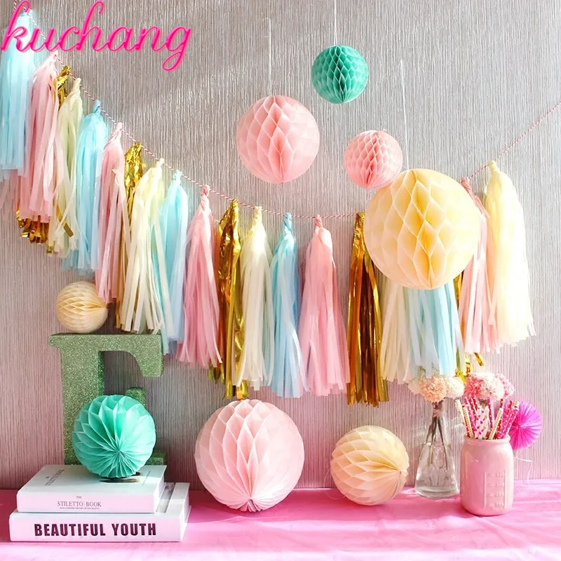 

5pcs / bag 14 inch Tissue Paper Tassel foil Garland DIY Set Wedding Decorations Garland Baby Shower Birthdays Party Rose gold