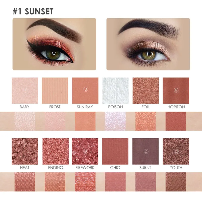 1-SUNSET FOCALLURE 12 цветов Тени для век Высокое качество Гладкий Мягкий мерцающий блеск палитра теней для век - Цвет: 1-SUNSET