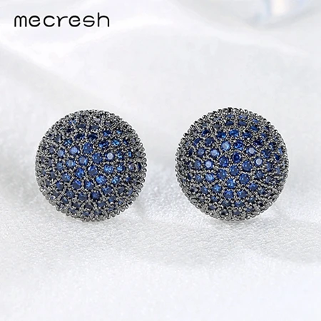 Blue Mecresh AAA CZ милые черные круглые серьги-гвоздики для женщин, винтажные маленькие Бальные модные серьги для вечеринки, выпускного вечера, рождественское ювелирное изделие EH1096 - Окраска металла: Blue