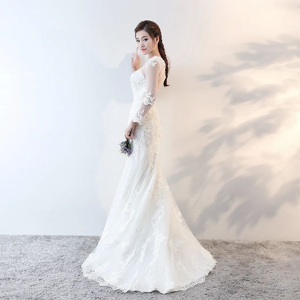 Fansmile новинка Vestido De Noiva белое кружевное с открытой спиной фасона "Русалка" свадебное платье длинный рукав свадебное платье невесты платье FSM-602M