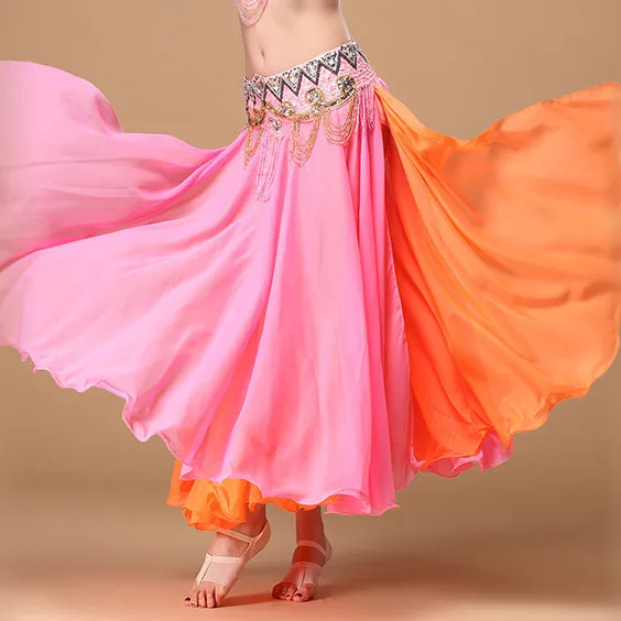pink orange Новинка, Одежда для танцев, одежда для танца живота, длинные макси юбки, двойной цвет, женская шифоновая юбка для танца живота(без пояса - Цвет: pink orange