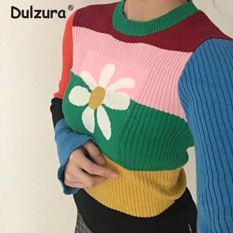 Vintage Sweaters Women 2018 New Fashion Rainbow Striped Fitness Autumn Winter Tops Harajuku Girls Flare Sleeve Jumper Femme | Женская