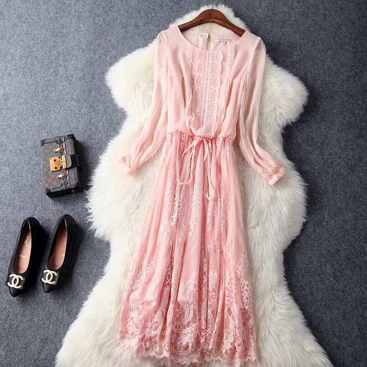 Осень 2017 г. Женщины Розовый o образным вырезом Фонари рукавом Кружева платье дамы