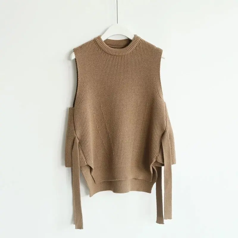 MUMUZI Spring 2021 Wool Sweater Vest Women Sleeveless O-Neck Knitted Female casual tank tops pullover lace up split side | Женская