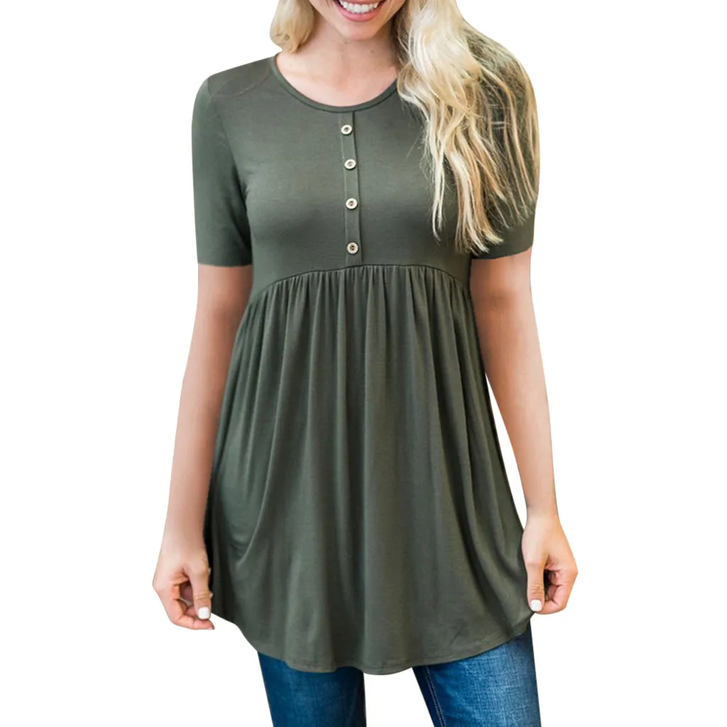 Мода 2019 г. Летние удобные для женщин летние Кнопка короткий рукав круглый