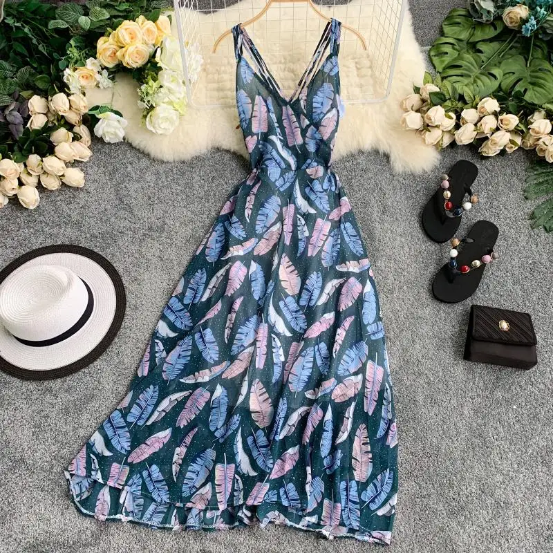 2019 новые модные женские платья тропический растительный принт шифоновая юбка