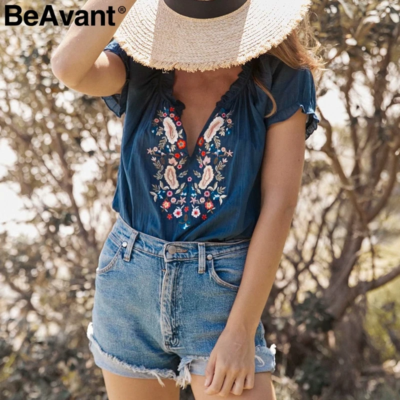 BeAvant Цветочная вышивка женский топ винтажный короткий рукав гофрированная