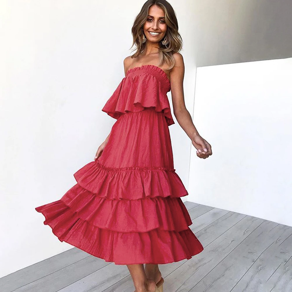 

spring and summer new dress two-piece tube top shirt backless loose tiered ruffle dress