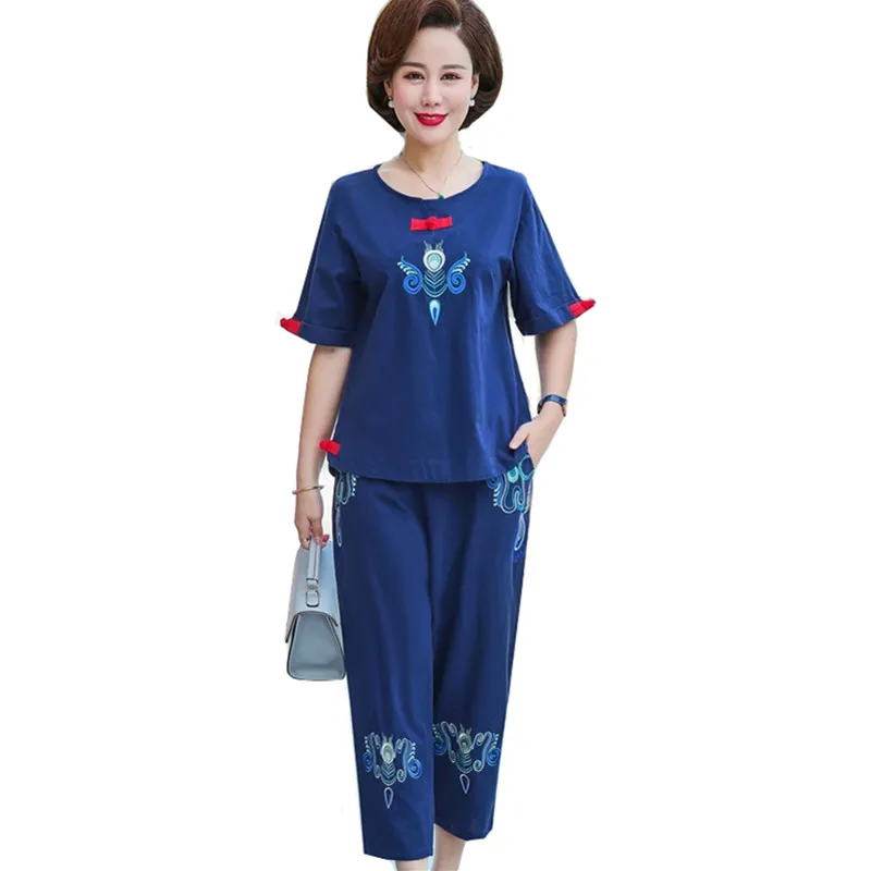 

Женский комплект из 2 предметов для среднего возраста, летний костюм, модный Свободный винтажный хлопковый льняной топ с короткими рукавами...