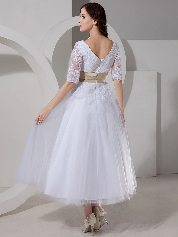 Женское свадебное платье с поясом винтажное Тюлевое длиной ниже колена коротким