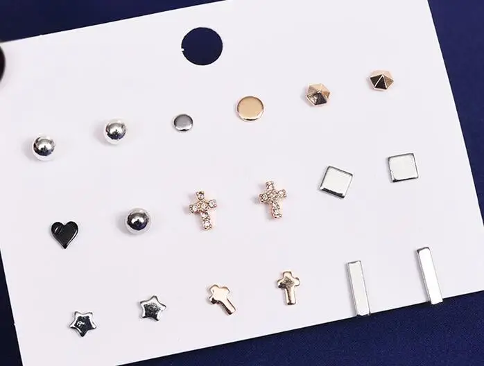 2019 Fashion 9 Pairs/Lot Plastic Anti allergy earring Pearl diamond flower Heart star Stud Earrings heart Cross Circle Earring | Украшения