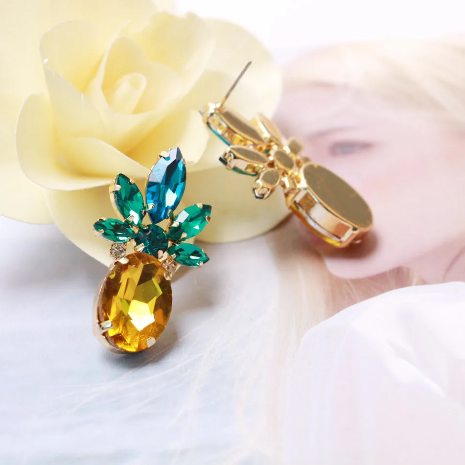 Ztech Exquisite Rhinestone Yellow Green Pineapple Stud Earrings For Women Unique Shining Crystal Fashion Jewelry Christmas Gifts|pineapple stud