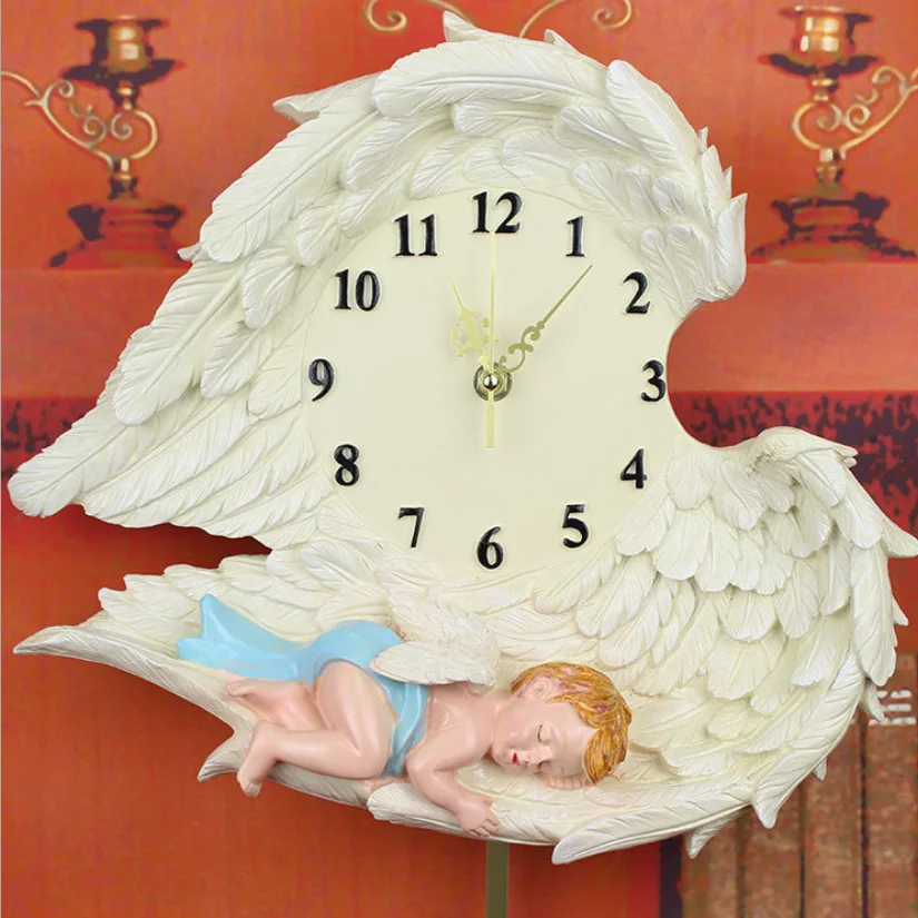 Настенные часы с ангелом Пасторального искусства для гостиной, спальни, украшение настольных часов, бесшумный маятник, современный дизайн из смолы.