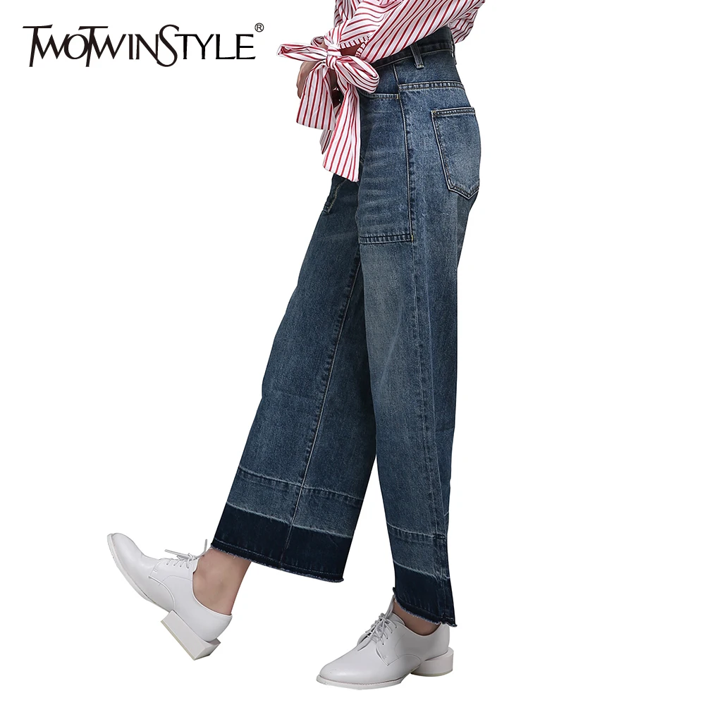 TWOTWINSTYLE джинсовые широкие брюки женские джинсы с высокой талией женские брюки с большими карманами Повседневная одежда корейская Осень новинка