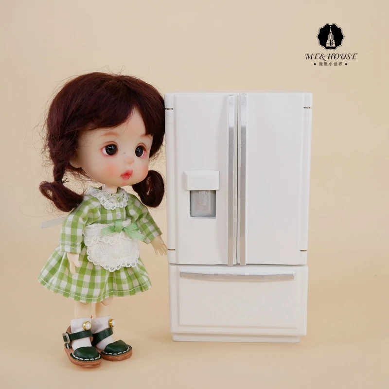Миниатюрный холодильник для кукольного домика, мебель для кухни BJD, современный мини-холодильник, деревянный 1:12, ящик для льда