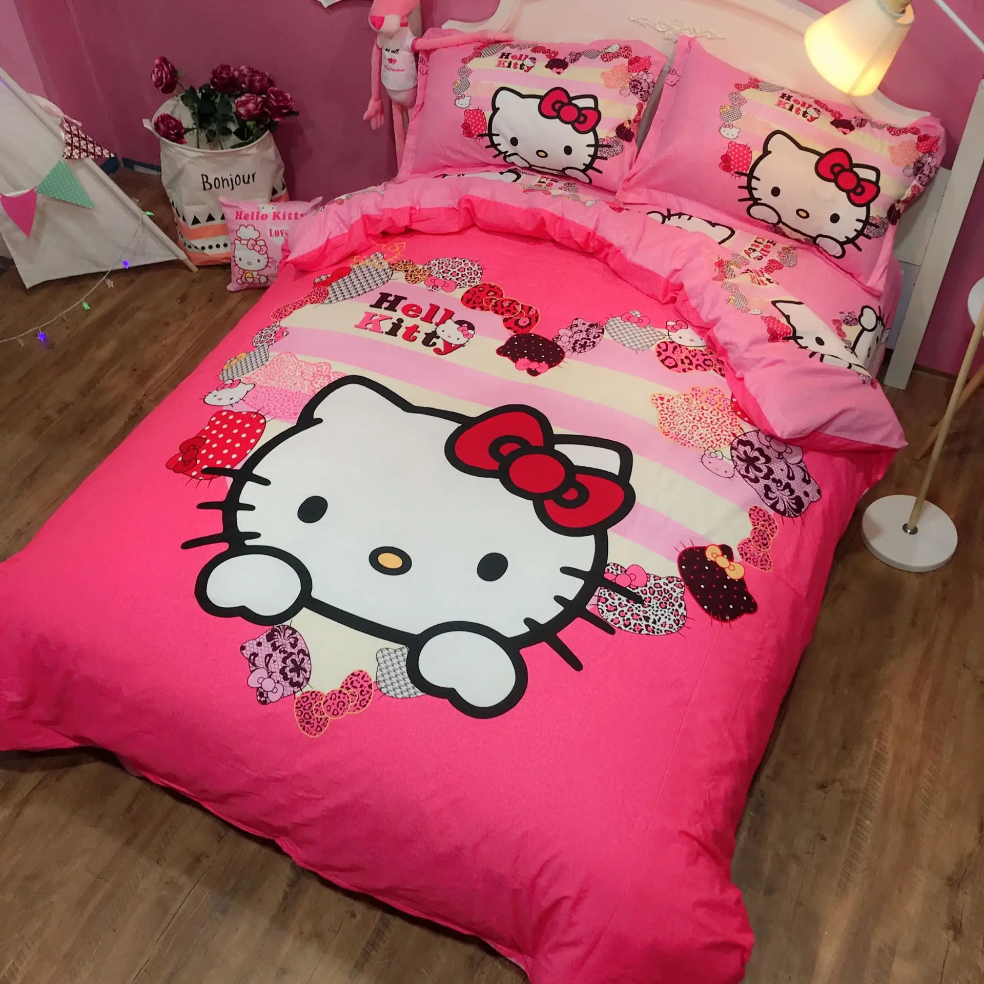 Hello kitty Милый хлопковый Детский Комплект постельного белья, простыня фиолетового цвета, мультяшная девочка KT, 4 шт., милые пододеяльники и одеяла, розовый цвет - Цвет: Темный хаки
