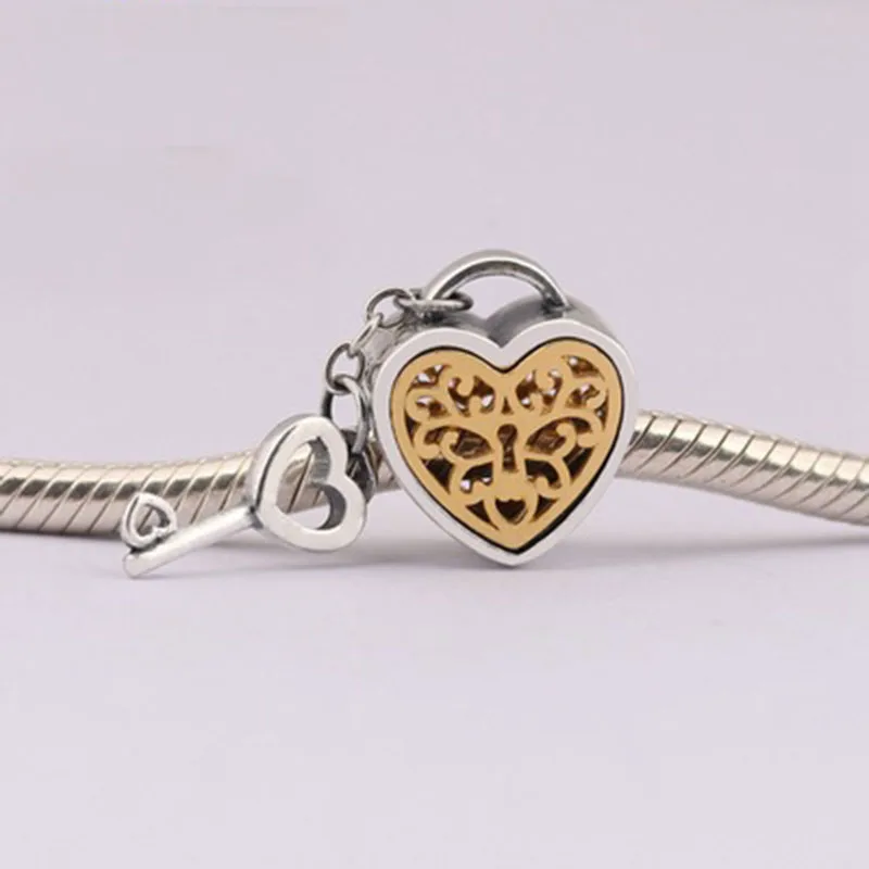 Openwork Gold color Love Heart Charm Bead 925 Sterling Silver Key love Locked Diy Beads Fit Bracelets Wholesale Jewelry | Украшения и
