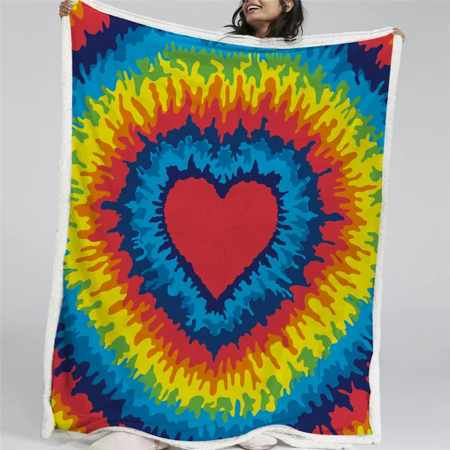 BlessLiving Tie Dye Sherpa Throw Blanket Hippie Fleece Rainbow Bedding Camping Flush Blankets Warm for Sofa Couch Bed Thin Quilt 2