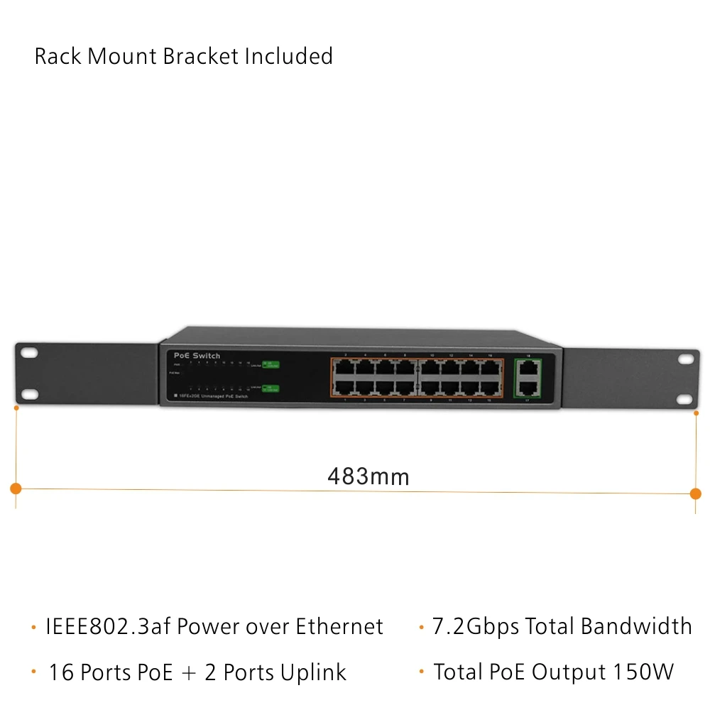 ENSTER неуправляемый 16 портовый коммутатор 10/100 Мбит/с 802.3af PoE Plus с 2 портами 100/1000