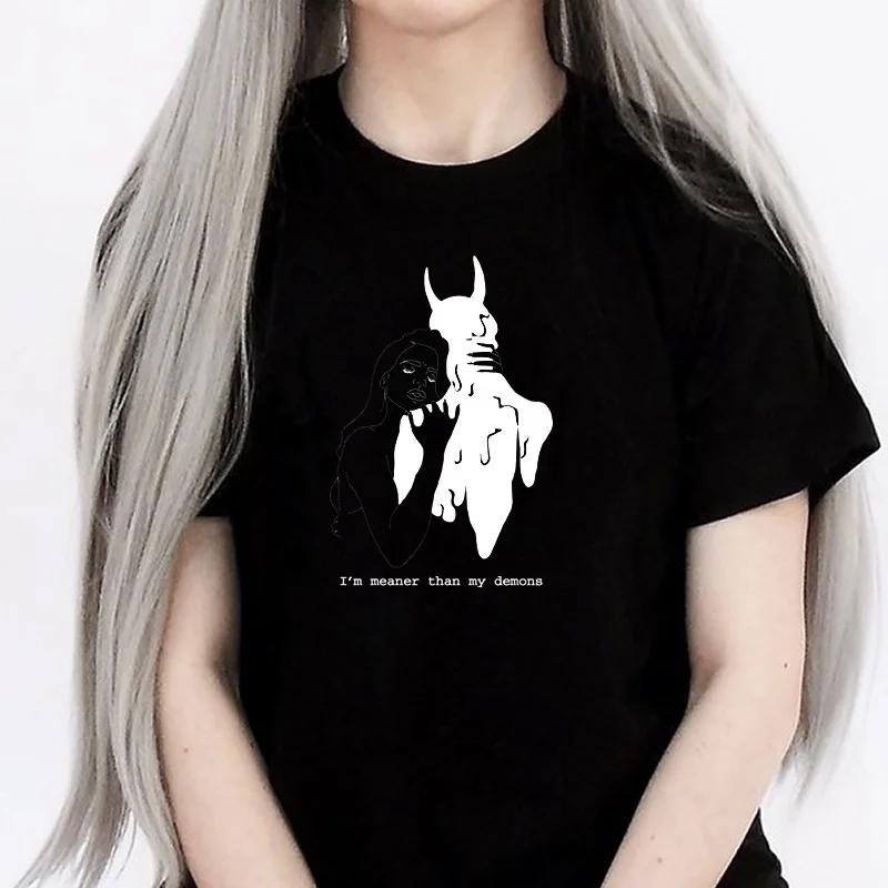 

Fashionshow-JF I'm Meaner Than My Demons T-Shirt Tumblr Fashion Grunge Style Tee Satanic Shirt Gothic Clothing