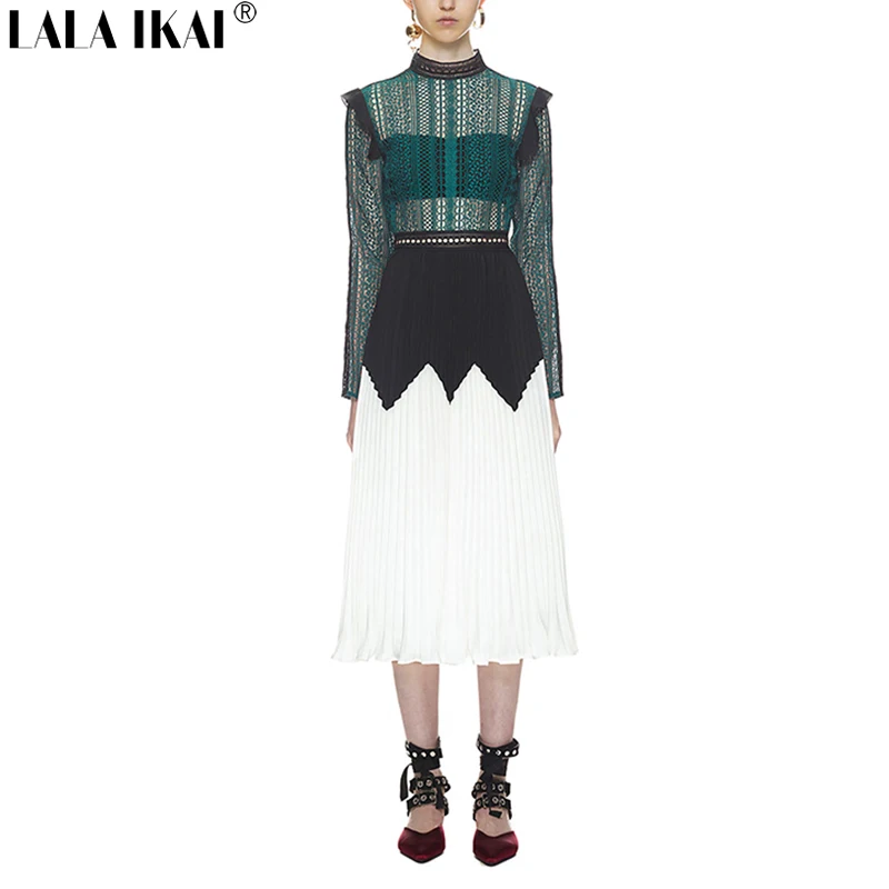 Fit And Flare Зеленый в полоску со вставками Кружево платье миди multi лоскутное хит Цвет