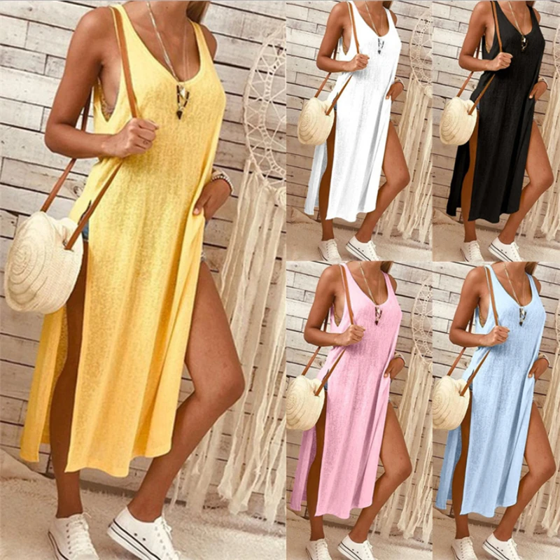 Женское платье без рукавов с разрезом сбоку повседневные Клубные платья