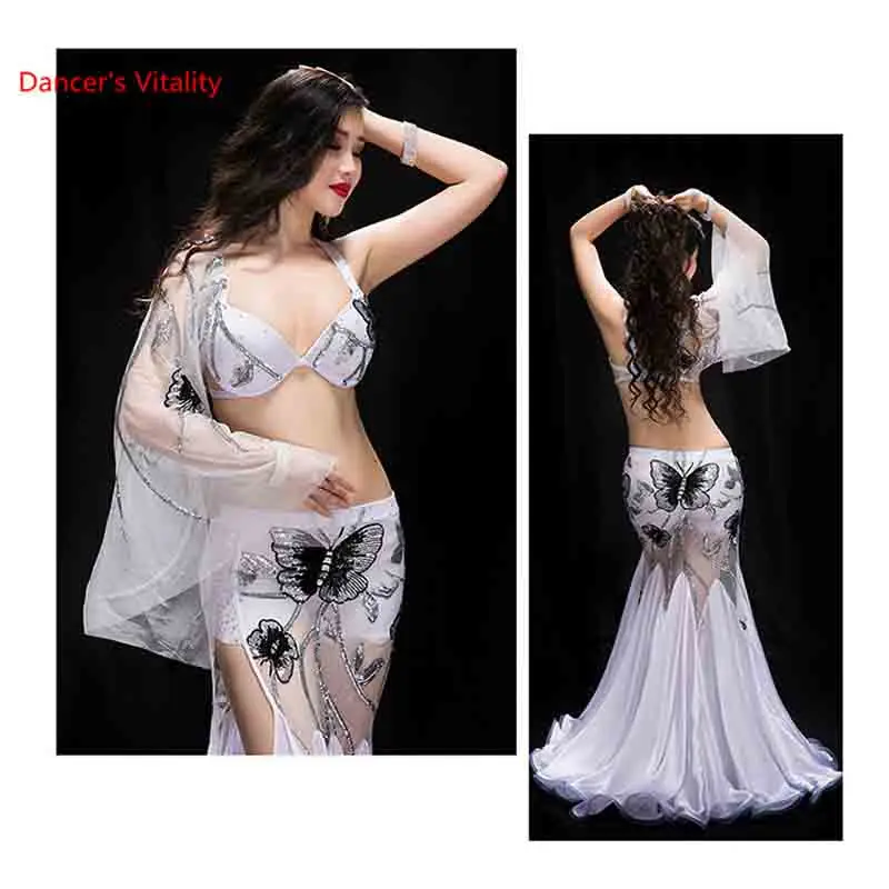 Women Lady Belly Dance Single Sleeve Bra Perspective Skirt Set Competition Performance Clothes Girls Indian Oriental Dancewear |