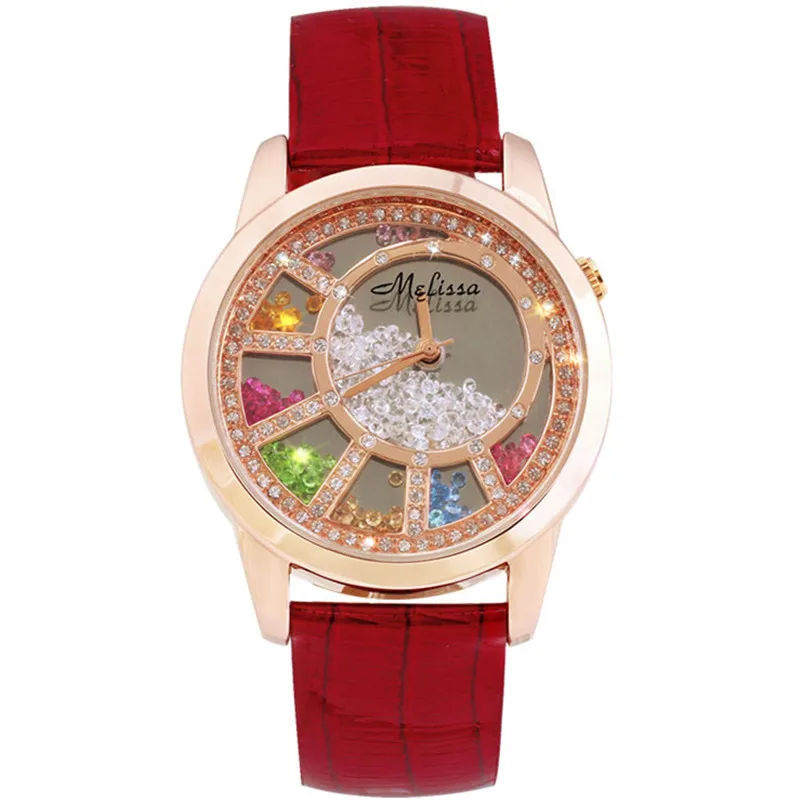 

Melissa Lovely Moving Crystals Women Dress Watches Colorful Rhinestones Genuine Leather Wrist watch Quartz Montre Femme Relojes