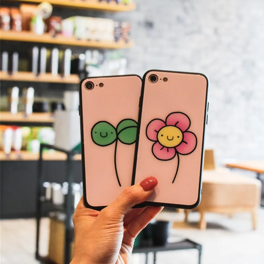 Cute Lovers Couples Tempered Glass Case for iPhone X XS Max XR 7 8 Plus Painted Flower Grass Pattern Soft TPU Cover Back |
