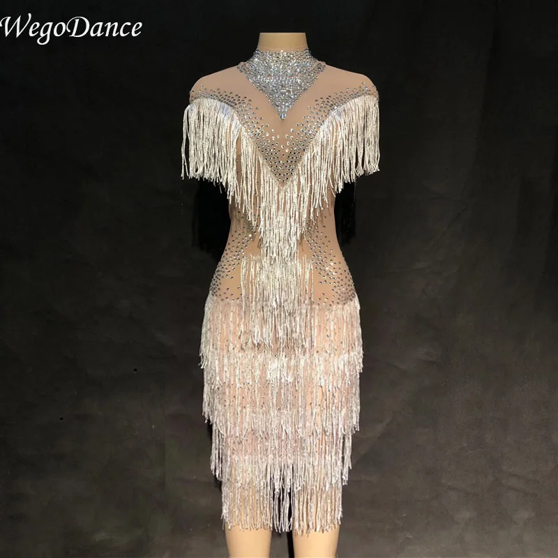 

new Fashion Rhinestones Fringes Women Evening Birthday Celebrate Tassel Dress Nightclub Stage Women Singer Dancer costume