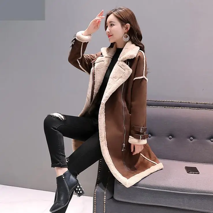 

2019 Women lambs wool coat female medium long thick warm shearling coats suede leather Jackets autumn winter female outerwear