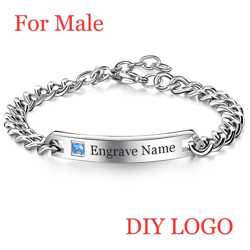 AZIZ BEKKAOUI Silver Engrave Name Bracelet Stainless Steel Couple Bracelets Personalized Logo Jewelry Women Men Crystal Bangles - Окраска металла: diy logo men