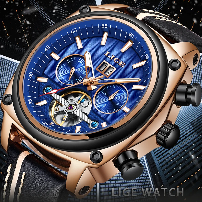 Новый бренд LIGE мужские часы автоматические механические Tourbillon спортивные