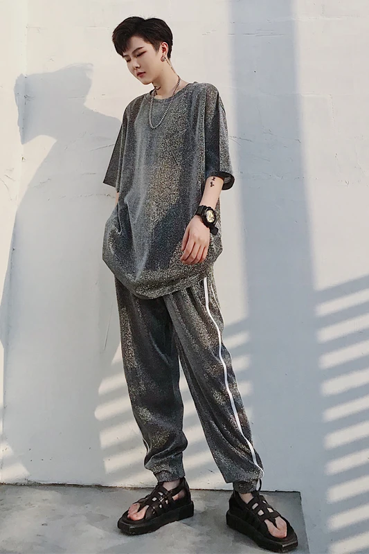 

M-XL!!Summer tide brand personality bright color men's thin gold velvet short-sleeved t-shirt tide male loose sports leisure su.