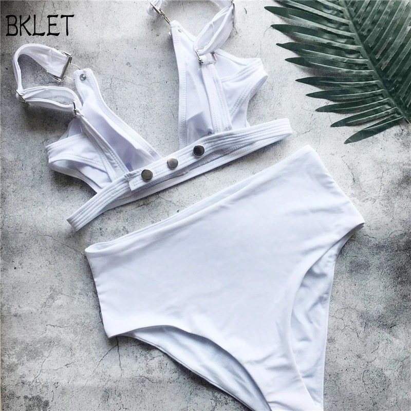 

2018 New Solid Color Buckle Bikini Female Low Waist Swim Set Swimsuit High Waist Swimwear With Padding For Women Beach Summer