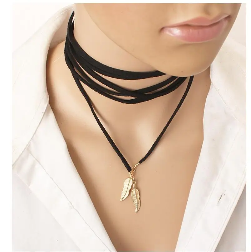 Na643 модный винтажный простой плюшевый черный кожаный веревочный кулон ожерелье