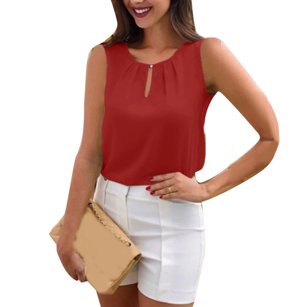 Летняя Офисная Женская однотонная шифоновая блузка без рукавов с круглым
