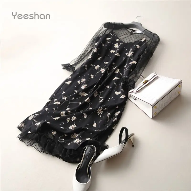 Yeeshan Богема Кружева Dress Женщины Полный Рукав Сексуальные Платья Лето Черный
