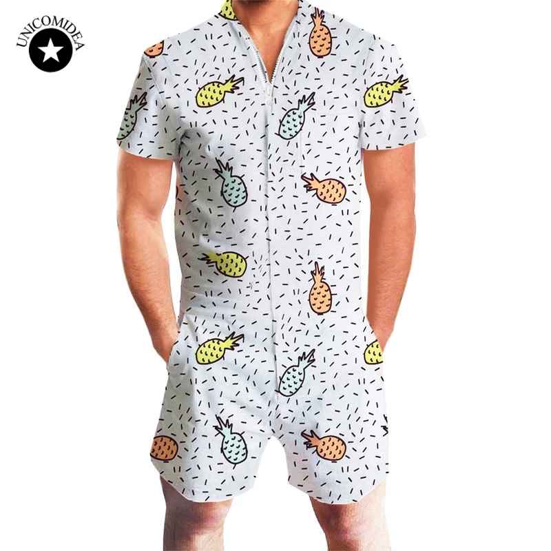 

Men 3d Printed Short Sleeve Rompers One Piece Jumpsuit Zip Pants Romper Playsuit Bodysuits Casual Shorts Shirts Slim Fit Overall