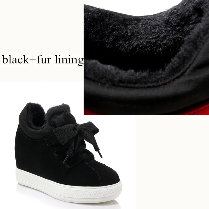 black with fur Новинка года; сезон осень-зима; теплые кроссовки для женщин; теплые зимние ботинки на меху со скрытым каблуком; женская модная повседневная обувь на танкетке; цвет красный, черный - Цвет: black with fur