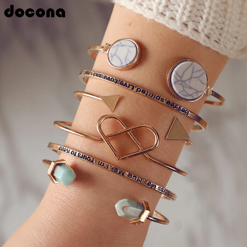 Docona 6pcs/set New Punk Large Heart Stone Gem Crystal Open Carved Triangle Multilayer Cuff Bracelet Bangle Set Women Party Gift | Украшения