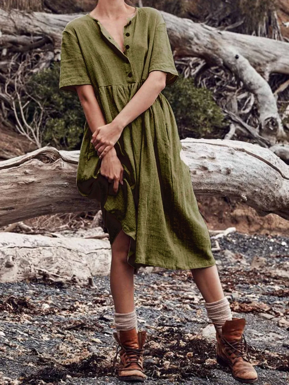 Boho хлопок льняное платье Для женщин Сплошной короткий рукав карман кнопку платье свободные по колено платье Летнее платья Vestido - Цвет: green