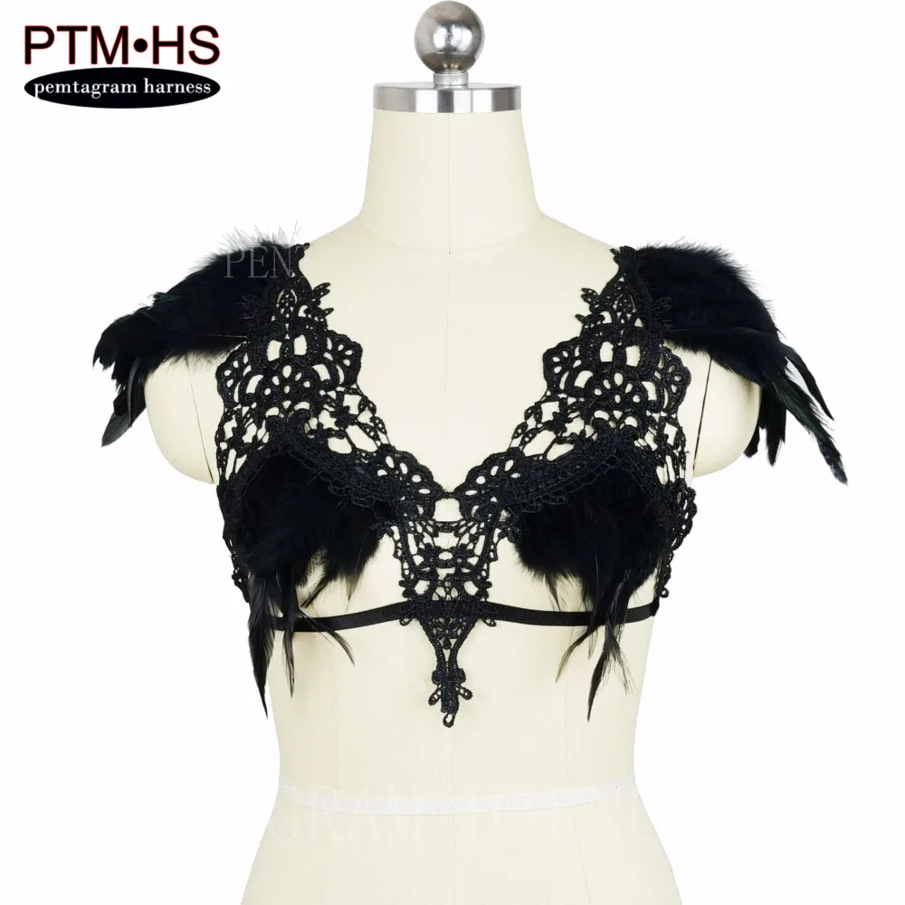 Готический Fearhers эполетт клетка Bralette кружевные кроп-топы Связывание плеча крылья регулируемый размер Фетиш эротический Бурлеск бернин корсет